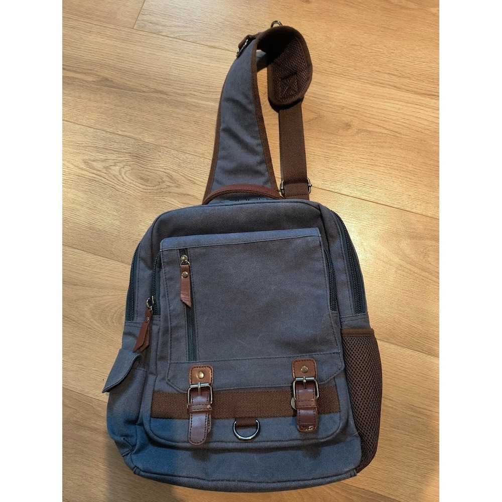 Blue Canvas Sling Bag Crossbody Backpack with USB Charging Port Leather Trim